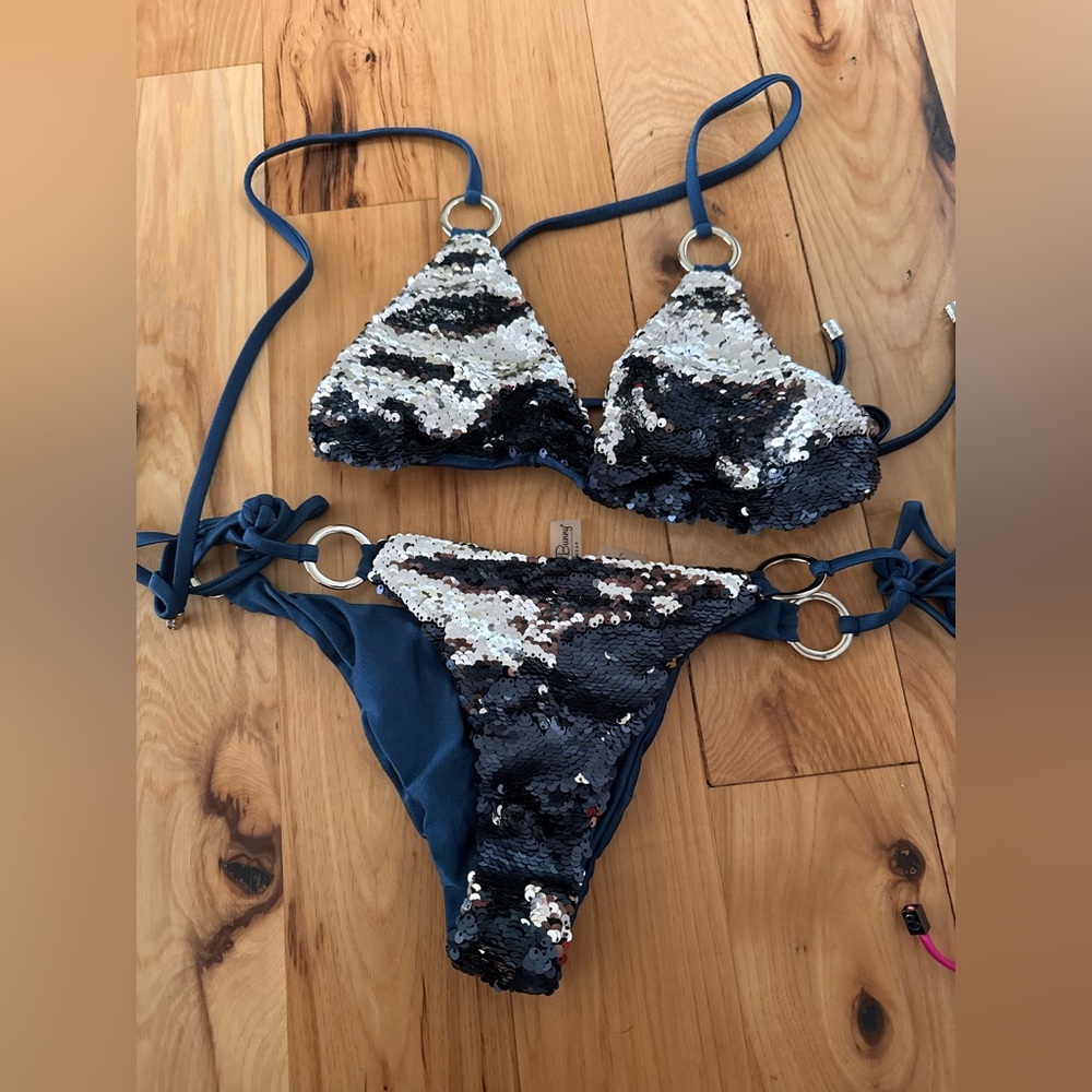 Beach Bunny Navy Blue Sequin Triangle Bikini